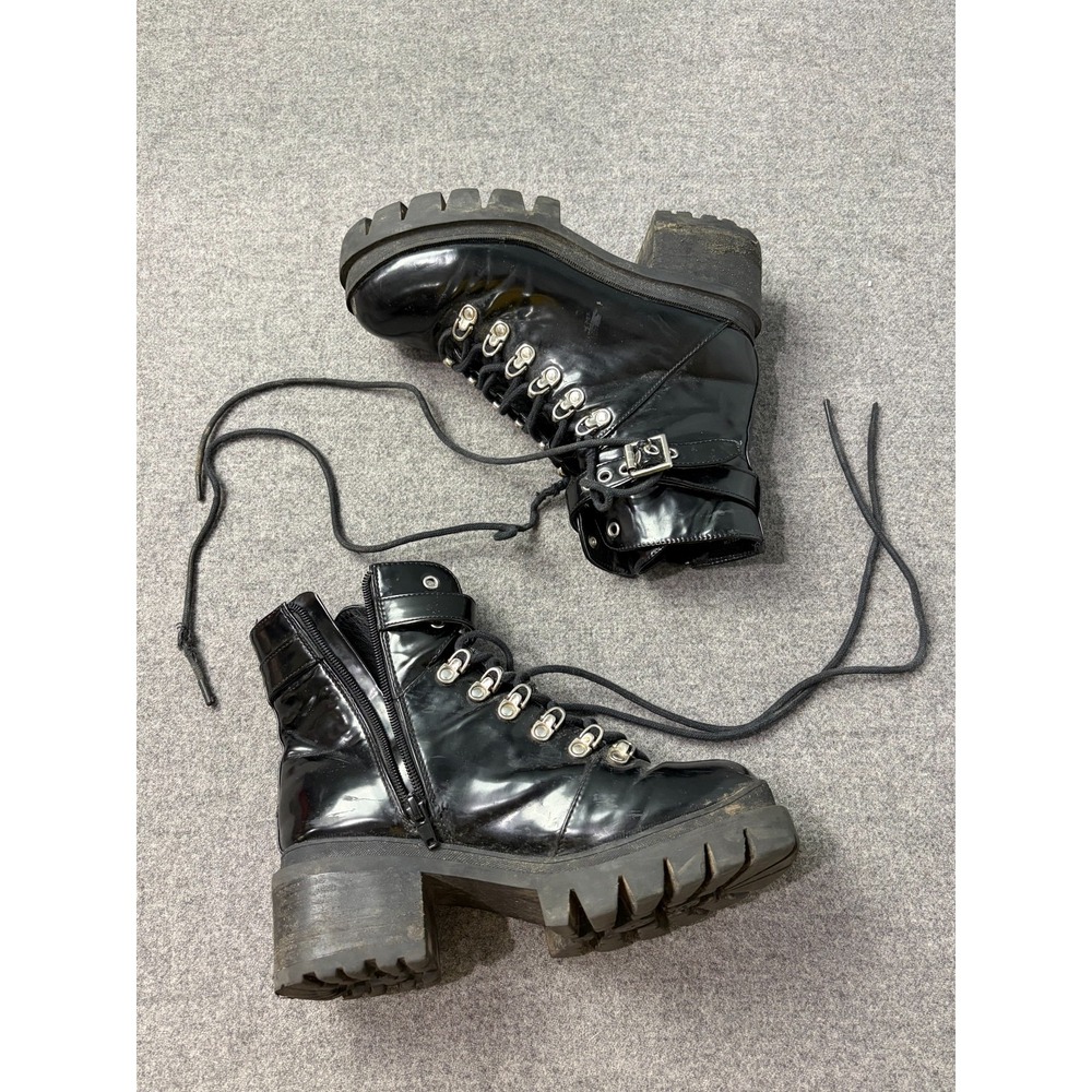 Jeffrey Campbell Czech‎ Combat Boots Womens Size 7.5M Black Block Heel Side Zip